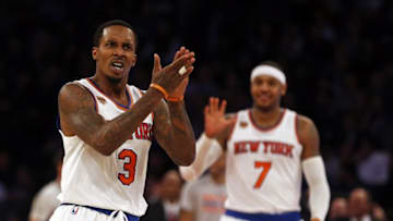 Nov 22, 2016; New York, NY, USA; New York Knicks guard Brandon Jennings (3) reacts during the first half against the Portland Trail Blazers at Madison Square Garden. Mandatory Credit: Adam Hunger-USA TODAY Sports