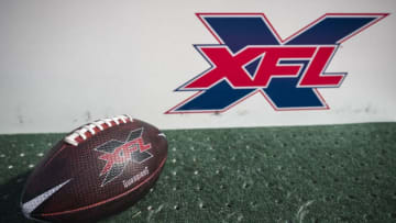 WASHINGTON, DC - FEBRUARY 15: A detailed view of a NY Guardians XFL football in front of an XFL logo on the sideline before the game between the DC Defenders and the NY Guardians at Audi Field on February 15, 2020 in Washington, DC. (Photo by Scott Taetsch/Getty Images)