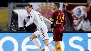 ROME, ITALY - NOVEMBER 27: Gareth Bale of Real Madrid celebrates 0-1 during the UEFA Champions League match between AS Roma v Real Madrid at the Stadio Olimpico Rome on November 27, 2018 in Rome Italy (Photo by David S. Bustamante/Soccrates/Getty Images)