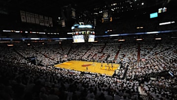 Jun 12, 2014; Miami, FL, USA; General view of the court during the fourth quarter of game four of the 2014 NBA Finals between the Miami Heat and the San Antonio Spurs at American Airlines Arena. San Antonio defeated Miami 86-107. Mandatory Credit: Steve Mitchell-USA TODAY Sports