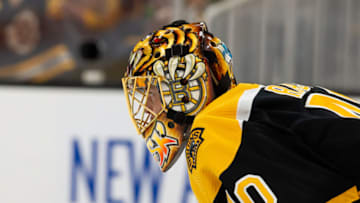 BOSTON, MA - MAY 29: Tuukka Rask #40 of the Boston Bruins tends goal against the New York Islanders in Game One of the Second Round of the 2021 Stanley Cup Playoffs at the TD Garden on May 29, 2021 in Boston, Massachusetts. The Bruins won 5-2. (Photo by Rich Gagnon/Getty Images)