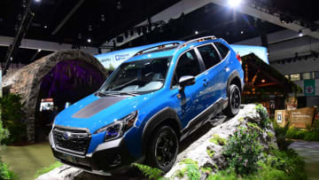 Nov 17, 2021; Los Angeles, CA, USA; Subaru Outback on display during the LA Auto Show at the Los Angeles Convention Center. Mandatory Credit: Gary A. Vasquez-USA TODAY NETWORK