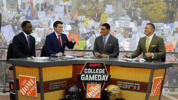 Oct 24, 2015; Harrisonburg, VA, USA; (From left to right) ESPN commentator Desmond Howard and ESPN commentator Reese Davis and ESPN commentator David Pollack and ESPN commentator Kirk Herbstreit during the broadcast in the front of Wilson Hall on the campus of James Madison University prior to the homecoming game between Richmond and James Madison at Bridgeforth Stadium. Mandatory Credit: Brad Mills-USA TODAY Sports