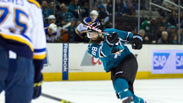 Mar 22, 2016; San Jose, CA, USA; San Jose Sharks defenseman Brent Burns (88) shoots against the St. Louis Blues in the 2nd period at SAP Center at San Jose. Mandatory Credit: John Hefti-USA TODAY Sports