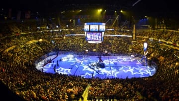 Jan 31, 2016; Nashville, TN, USA; General view of Bridgestone Arena during player introductions before the 2016 NHL All Star Game at Bridgestone Arena. Mandatory Credit: Christopher Hanewinckel-USA TODAY Sports
