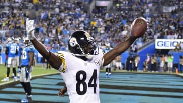 Sep 21, 2014; Charlotte, NC, USA; Pittsburgh Steelers wide receiver Antonio Brown (84) reacts after scoring a touchdown in the third quarter at Bank of America Stadium. Mandatory Credit: Bob Donnan-USA TODAY Sports