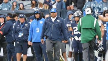 Oct 9, 2021; Provo, Utah, USA; Brigham Young Cougars head coach Kalani Sitake watches his team from the sideline during the second quarter against the Boise State Broncos at LaVell Edwards Stadium. Mandatory Credit: Rob Gray-USA TODAY Sports