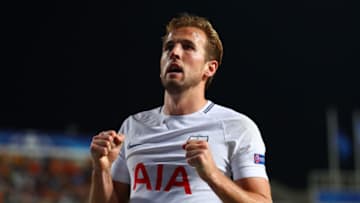 NICOSIA, CYPRUS - SEPTEMBER 26: Harry Kane of Tottenham Hotspur celebrates scoring his sides second goal during the UEFA Champions League Group H match between Apoel Nicosia and Tottenham Hotspur at GSP Stadium on September 26, 2017 in Nicosia, Cyprus. (Photo by Clive Rose/Getty Images)