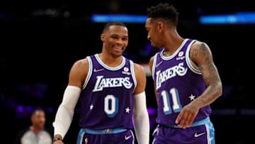 LOS ANGELES, CALIFORNIA - NOVEMBER 15: Russell Westbrook #0 and Malik Monk #11 of the Los Angeles Lakers talk during the first quarter against the Chicago Bulls at Staples Center on November 15, 2021 in Los Angeles, California. NOTE TO USER: User expressly acknowledges and agrees that, by downloading and or using this photograph, User is consenting to the terms and conditions of the Getty Images License Agreement. (Photo by Katelyn Mulcahy/Getty Images)