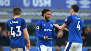 LIVERPOOL, ENGLAND - DECEMBER 23: Ashley Williams of Everton and Michael Keane of Everton shake hands after the Premier League match between Everton and Chelsea at Goodison Park on December 23, 2017 in Liverpool, England. (Photo by Alex Livesey/Getty Images)