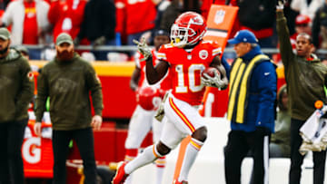 KANSAS CITY, MO - NOVEMBER 11: Tyreek Hill #10 of the Kansas City Chiefs celebrates a punt return touchdown that would be called back due to penalty in the fourth quarter of the game against the Arizona Cardinals at Arrowhead Stadium on November 11, 2018 in Kansas City, Missouri. (Photo by Jamie Squire/Getty Images)