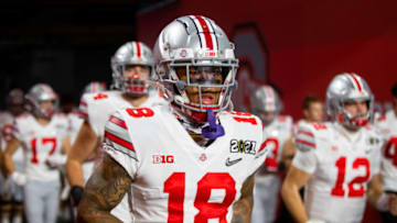 Jan 11, 2021; Miami Gardens, Florida, USA; Ohio State Buckeyes wide receiver Kamryn Babb (18) against the Alabama Crimson Tide in the 2021 CFP National Championship Game. Mandatory Credit: Mark J. Rebilas-USA TODAY Sports