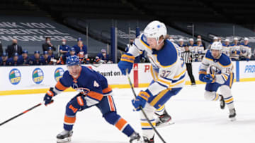 UNIONDALE, NEW YORK - FEBRUARY 22: Casey Mittelstadt #37 of the Buffalo Sabres skates against the New York Islanders at the Nassau Coliseum on February 22, 2021 in Uniondale, New York. (Photo by Bruce Bennett/Getty Images)