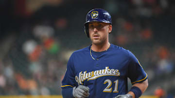 HOUSTON, TX - MARCH 26: Milwaukee Brewers infielder Travis Shaw (21) heads for the dugout during the game between the Milwaukee Brewers and Houston Astros at Minute Maid Park on March 26, 2018 in Houston, Texas. (Photo by Ken Murray/Icon Sportswire via Getty Images)