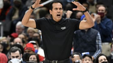 Head coach Erik Spoelstra of the Miami Heat reacts to a call in the second quarter against the Washington Wizards(Photo by G Fiume/Getty Images)
