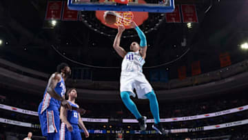 PHILADELPHIA,PA - MARCH 19 : Willy Hernangomez #41 of the Charlotte Hornets dunks the ball against the Philadelphia 76ers at Wells Fargo Center on March 19, 2018 in Philadelphia, Pennsylvania NOTE TO USER: User expressly acknowledges and agrees that, by downloading and/or using this Photograph, user is consenting to the terms and conditions of the Getty Images License Agreement. Mandatory Copyright Notice: Copyright 2018 NBAE (Photo by Jesse D. Garrabrant/NBAE via Getty Images)