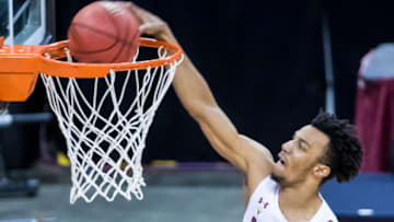 Jan 2, 2021; Columbia, South Carolina, USA; South Carolina Gamecocks guard AJ Lawson (00) dunks against the Florida A&M Rattlers in the second half at Colonial Life Arena. Mandatory Credit: Jeff Blake-USA TODAY Sports