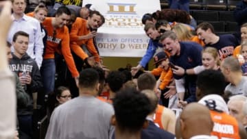 Jan 16, 2016; Winston-Salem, NC, USA; Syracuse Orange fans congratulate fans while heading to the locker room after defeating the Wake Forest Demon Deacons at Lawrence Joel Veterans Memorial Coliseum. Syracuse defeated Wake Forest 83-55. Mandatory Credit: Jeremy Brevard-USA TODAY Sports
