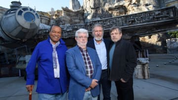 ANAHEIM, CA - MAY 29: In this handout photo provided by Disneyland Resort, (L-R) Billy Dee Williams, George Lucas, Harrison Ford and Mark Hamill attend the pre-opening launch of Star Wars: Galaxy's Edge at Disneyland on May 29, 2019 in Anaheim, California. (Photo by Richard Harbaugh/Disneyland Resort via Getty Images)