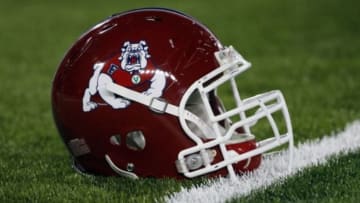 Nov 9, 2013; Laramie, WY, USA; A detail view of the Fresno State Bulldogs helmet before a game against the Wyoming Cowboys at War Memorial Stadium. Mandatory Credit: Troy Babbitt-USA TODAY Sports