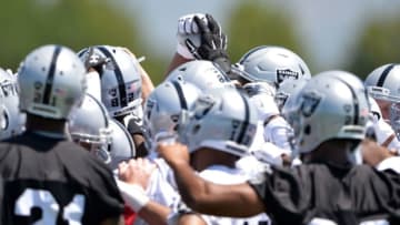 May 31, 2016; Alameda, CA, USA; Oakland Raiders players huddle at organized team activities at the Raiders practice facility. Mandatory Credit: Kirby Lee-USA TODAY Sports