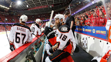 CALGARY, AB - APRIL 17: Patrick Eaves #18 of the Anaheim Ducks skates against the Calgary Flames during Game One of the Western Conference First Round during the 2017 NHL Stanley Cup Playoffs on April 17, 2017 at the Scotiabank Saddledome in Calgary, Alberta, Canada. (Photo by Gerry Thomas/NHLI via Getty Images)"n