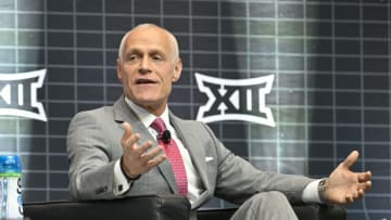 Jul 12, 2023; Arlington, TX, USA; Big 12 Commissioner Brett Yormark speaks to the press during Big 12 football media day at AT&T Stadium. Mandatory Credit: Jerome Miron-USA TODAY Sports
