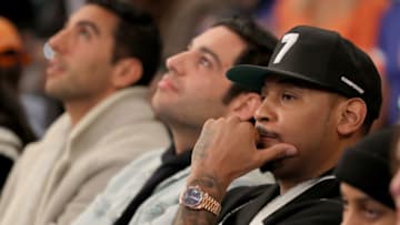 NEW YORK, NEW YORK - JANUARY 27: Former New York Knicks Carmelo Anthony attends the game between the New York Knicks and the Miami Heat at Madison Square Garden on January 27, 2019 in New York City.NOTE TO USER: User expressly acknowledges and agrees that, by downloading and or using this photograph, User is consenting to the terms and conditions of the Getty Images License Agreement. (Photo by Elsa/Getty Images)