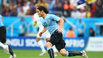 Jun 19, 2014; Sao Paulo, BRAZIL; Uruguay forward Edinson Cavani (21) against England during the 2014 World Cup at Arena Corinthians. Uruguay defeated England 2-1. Mandatory Credit: Mark J. Rebilas-USA TODAY Sports