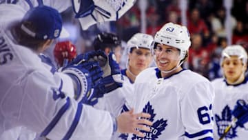CALGARY, AB - MARCH 4: Tyler Ennis #63 of the Toronto Maple Leafs celebrates with the bench after scoring against the Calgary Flames of the Toronto Maple Leafs during an NHL game at Scotiabank Saddledome on March 4, 2019 in Calgary, Alberta, Canada. (Photo by Derek Leung/Getty Images)