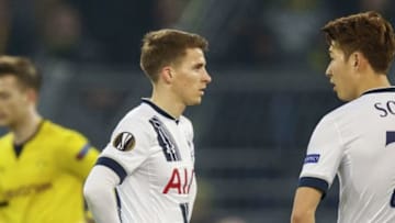 (L-R) Marco Reus of Borussia Dortmund, Tom Carroll of Tottenham Hotspur FC, Son Heung-Min of Tottenham Hotspur FC during the UEFA Europa League round of 16 match between Borussia Dortmund and Tottenham Hotspur on March 10, 2016 at the Signal Iduna Park stadium in Dortmund, Germany.(Photo by VI Images via Getty Images)