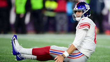 FOXBOROUGH, MASSACHUSETTS - OCTOBER 10: Daniel Jones #8 of the New York Giants reacts after getting tackled against the New England Patriots during the first quarter in the game at Gillette Stadium on October 10, 2019 in Foxborough, Massachusetts. (Photo by Billie Weiss/Getty Images)