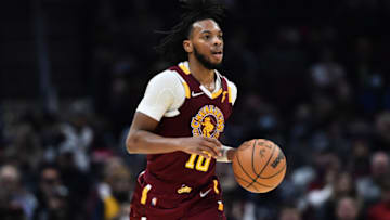 Dec 5, 2021; Cleveland, Ohio, USA; Cleveland Cavaliers guard Darius Garland (10) brings the ball up court during the first half against the Utah Jazz at Rocket Mortgage FieldHouse. Mandatory Credit: Ken Blaze-USA TODAY Sports
