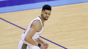 HOUSTON, TEXAS - APRIL 14: Jeremy Lamb #26 of the Indiana Pacers turns around after hitting a three point basket during the second quarter against the Houston Rockets at Toyota Center on April 14, 2021 in Houston, Texas. NOTE TO USER: User expressly acknowledges and agrees that, by downloading and or using this photograph, User is consenting to the terms and conditions of the Getty Images License Agreement. (Photo by Carmen Mandato/Getty Images)