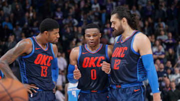 Paul George, Russell Westbrook, Steven Adams, OKC Thunder (Photo by Rocky Widner/NBAE via Getty Images)