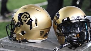 Nov 21, 2015; Pullman, WA, USA; Colorado Buffaloes helmet sit during a game against the Washington State Cougars during the second half at Martin Stadium. The Cougars won 27-3. Mandatory Credit: James Snook-USA TODAY Sports