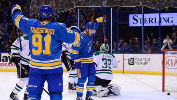 Jan 7, 2017; St. Louis, MO, USA; St. Louis Blues center Paul Stastny (26) celebrates with right wing Vladimir Tarasenko (91) after scoring against Dallas Stars goalie Kari Lehtonen (32) during the second period at Scottrade Center. Mandatory Credit: Jeff Curry-USA TODAY Sports