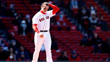 BOSTON, MASSACHUSETTS - APRIL 03: Bobby Dalbec #29 of the Boston Red Sox reacts after striking out during the fourth inning against the Baltimore Orioles at Fenway Park on April 03, 2021 in Boston, Massachusetts. (Photo by Maddie Meyer/Getty Images)
