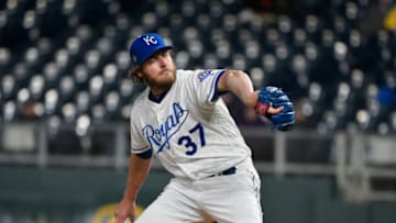 KANSAS CITY, MO - APRIL 9: Brandon Maurer #37 of the Kansas City Royals throws against the Seattle Mariners at Kauffman Stadium on April 9, 2018 in Kansas City, Missouri. (Photo by Ed Zurga/Getty Images) *** Local Caption *** Brandon Maurer