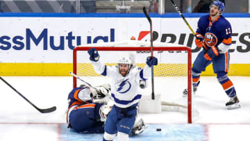 EDMONTON, ALBERTA - SEPTEMBER 13: Brayden Point #21 of the Tampa Bay Lightning celebrates after scoring a goal past Semyon Varlamov #40 of the New York Islanders during the third period in Game Four of the Eastern Conference Final during the 2020 NHL Stanley Cup Playoffs at Rogers Place on September 13, 2020 in Edmonton, Alberta, Canada. (Photo by Bruce Bennett/Getty Images)