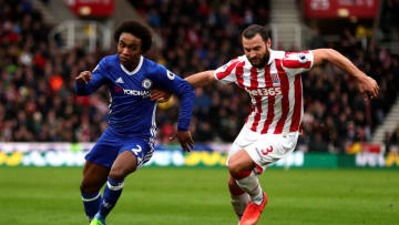 STOKE ON TRENT, ENGLAND - MARCH 18: Erik Pieters of Stoke City in action with Willian of Chelsea during the Premier League match between Stoke City and Chelsea at Bet365 Stadium on March 18, 2017 in Stoke on Trent, England. (Photo by Chris Brunskill Ltd/Getty Images)