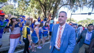 Florida Gators head coach Billy Napier celebrates with fans before Florida takes on Missouri during homecoming at Steve Spurrier Field at Ben Hill Griffin Stadium in Gainesville, FL on Saturday, October 8, 2022. [Alan Youngblood/Gainesville Sun]Ncaa Football Florida Gators Vs Missouri