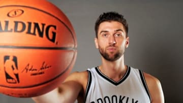Sep 28, 2015; Brooklyn, NY, USA; Brooklyn Nets forward Andrea Bargnani (9) poses for a photo during media day at Barclays Center. Mandatory Credit: Evan Habeeb-USA TODAY Sports
