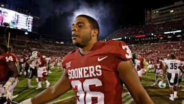 zNORMAN, OK - SEPTEMBER 16: Fullback Dimitri Flowers #36 of the Oklahoma Sooners after the game against the Tulane Green Wave at Gaylord Family Oklahoma Memorial Stadium on September 16, 2017 in Norman, Oklahoma. Oklahoma defeated Tulane 56-14. (Photo by Brett Deering/Getty Images)
