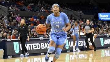 CHARLOTTESVILLE, VIRGINIA - JANUARY 12: Kennedy Todd-Williams #3 of the North Carolina Tar Heels handles the ball against the Virginia Cavaliers at John Paul Jones Arena on January 12, 2023 in Charlottesville, Virginia. (Photo by G Fiume/Getty Images)