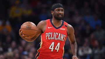 DENVER, CO - OCTOBER 29: Solomon Hill #44 of the New Orleans Pelicans dribbles the ball up the court during the game against the Denver Nuggets at Pepsi Center on October 29, 2018 in Denver, Colorado. NOTE TO USER: User expressly acknowledges and agrees that, by downloading and or using this photograph, User is consenting to the terms and conditions of the Getty Images License Agreement. (Photo by Justin Tafoya/Getty Images)