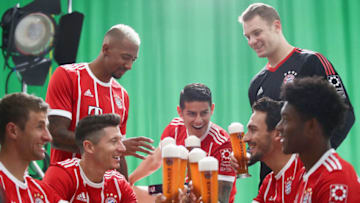 MUNICH, GERMANY - SEPTEMBER 13: Thomas Mueller, Robert Lewandowski, Jerome Boateng, Robert Lewandowski, James Rodriguez, David Alaba and Manuel Neuer attend the FC Bayern Muenchen Paulaner photo shoot in traditional Bavarian lederhosen on September 13, 2017 in Munich, Germany. (Photo by Alex Grimm/Getty Images For Paulaner)