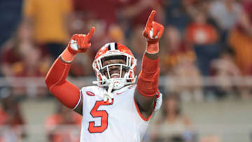 ORLANDO, FLORIDA - DECEMBER 29: K.J. Henry #5 of the Clemson Tigers reacts during the fourth quarter against the Iowa State Cyclones in the Cheez-It Bowl Game at Camping World Stadium on December 29, 2021 in Orlando, Florida. (Photo by Douglas P. DeFelice/Getty Images)