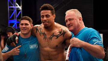 LAS VEGAS, NV - JUNE 12: Greg Hardy celebrates after knocking out Austen Lane in their heavyweight bout during Dana White's Tuesday Night Contender Series at the TUF Gym on June 12, 2018 in Las Vegas, Nevada. (Photo by Jeff Bottari/DWTNCS LLC)