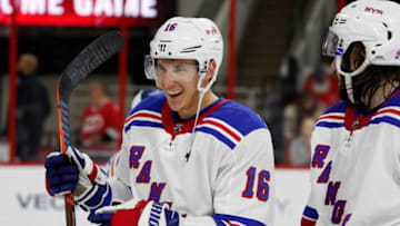 RALEIGH, NC - FEBRUARY 19: Ryan Strome #16 of the New York Rangers heads off the ice following an NHL game Carolina Hurricanes on February 19, 2019 at PNC Arena in Raleigh, North Carolina. (Photo by Karl DeBlaker/NHLI via Getty Images)
